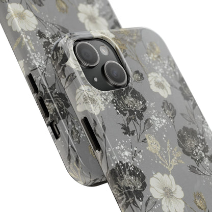 Floral Gray Tough Phone Case — Elegant Protective Phone Cover with Gold Accent