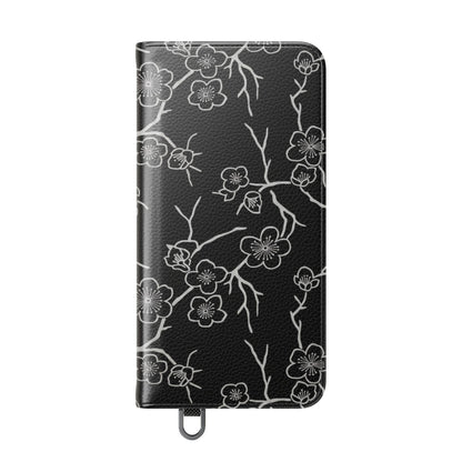 Black Cherry Blossom Flip Phone Case – Floral Wallet Flip Case with Card Slots