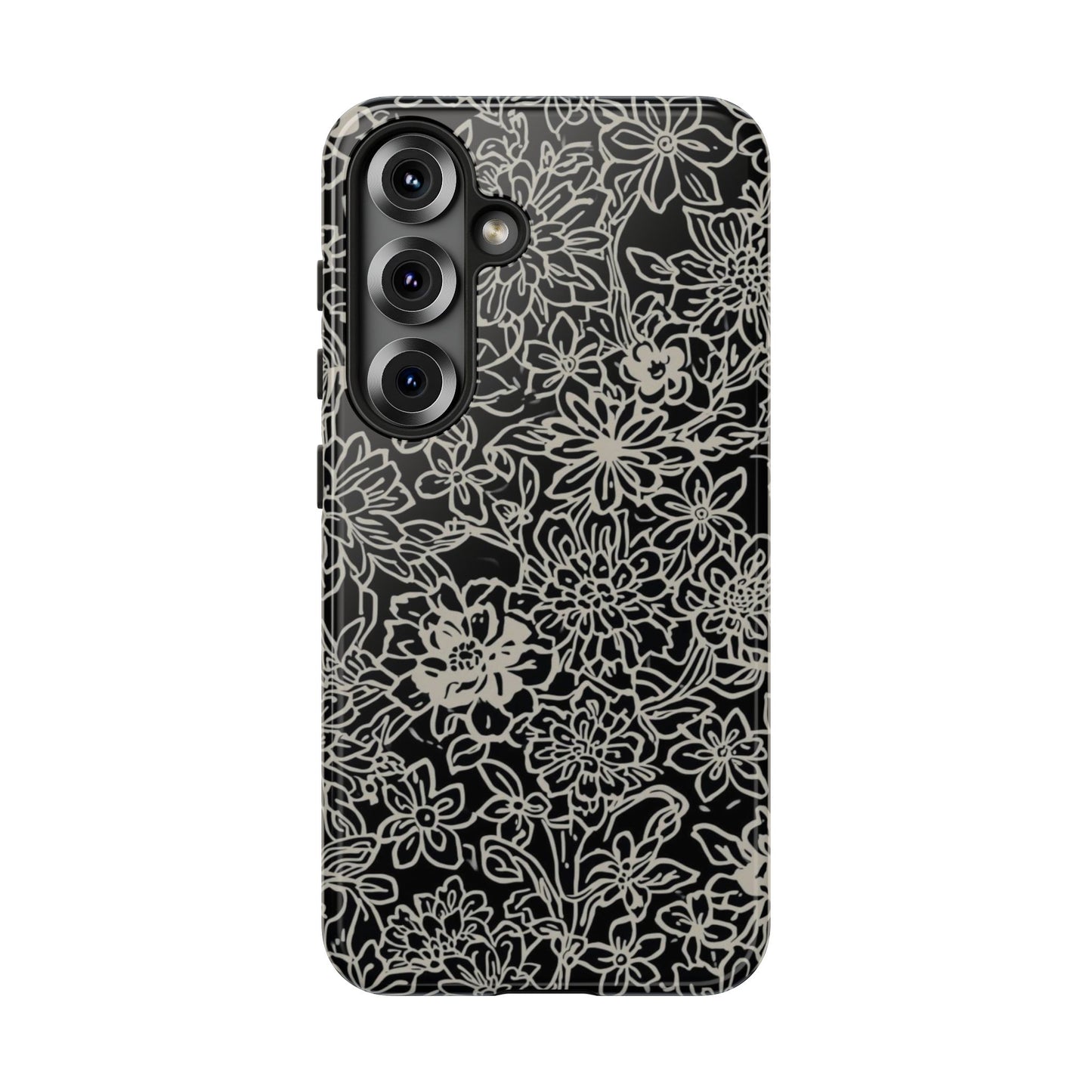 Floral Doodle Tough Phone Case — Black & White Sketch Flower Protective Cover