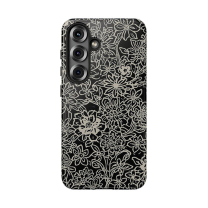 Floral Doodle Tough Phone Case — Black & White Sketch Flower Protective Cover