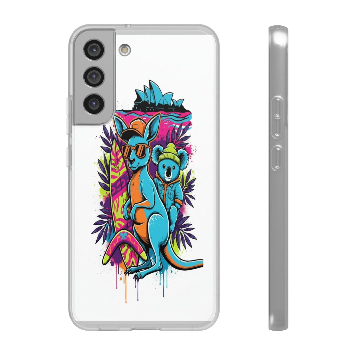 Kangaroo & Koala Surf Phone Case — Neon Aussie Beach Vibes Flexible Case