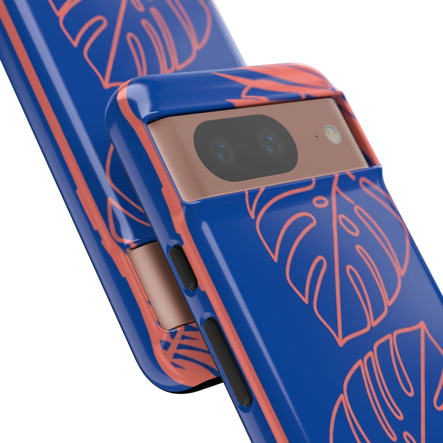 Tropical Monstera Phone Case — Blue & Coral Leaf Protective Cover