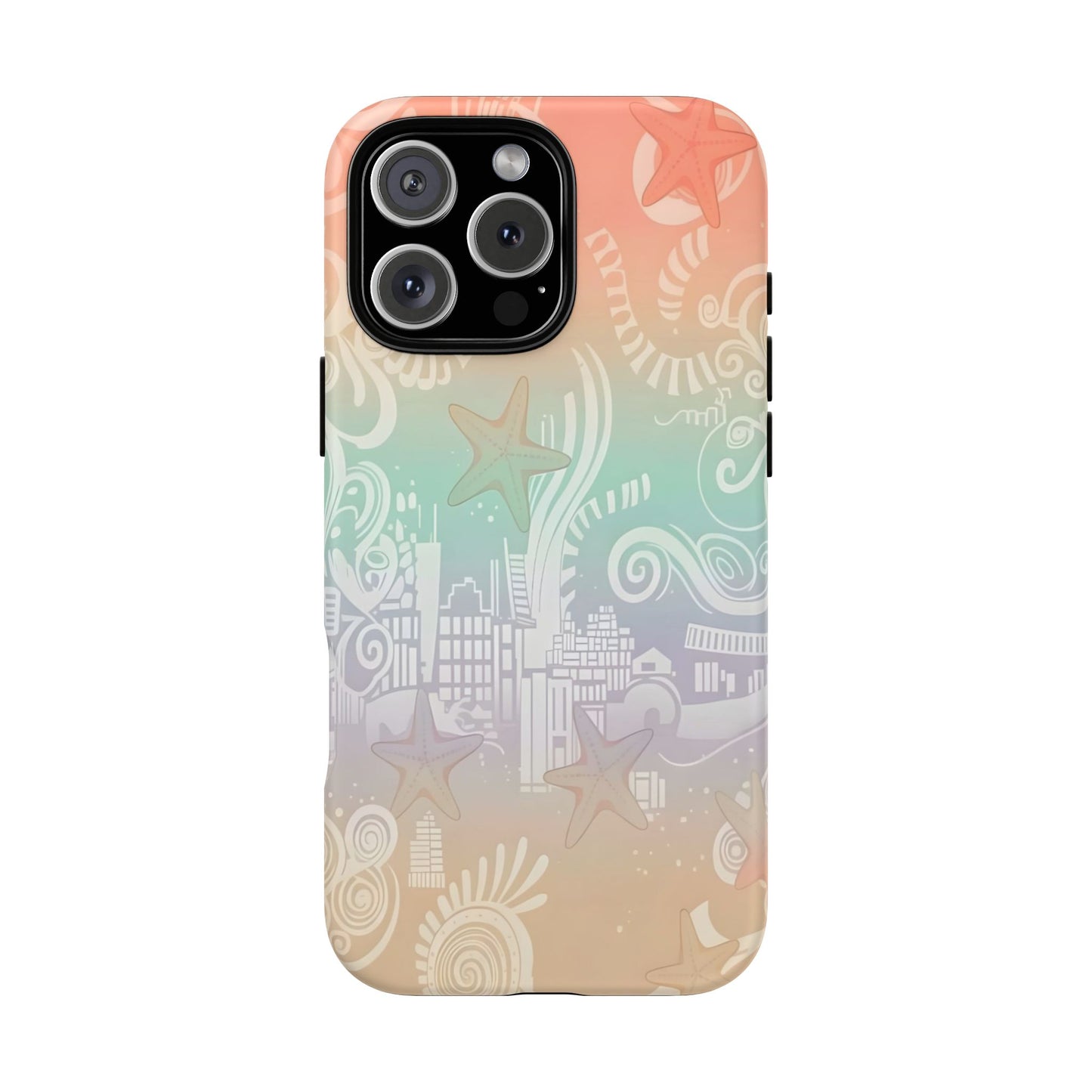 Tough Cases: Pastel Beach Pattern Phone Case — Starfish & Coastal Cityscape Protective Cover