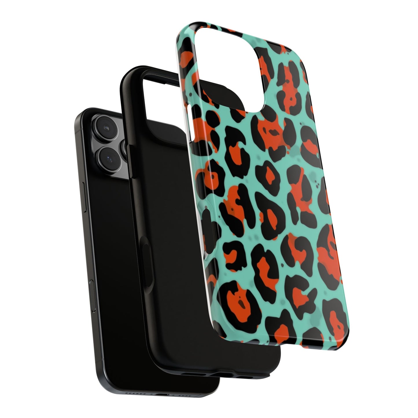 Leopard Print Tough Phone Case — Teal & Rust Protective iPhone Cover