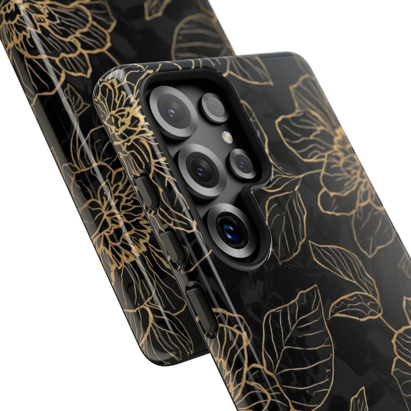 Floral Gold Outline Tough Phone Case – Black Botanical Protective Cover