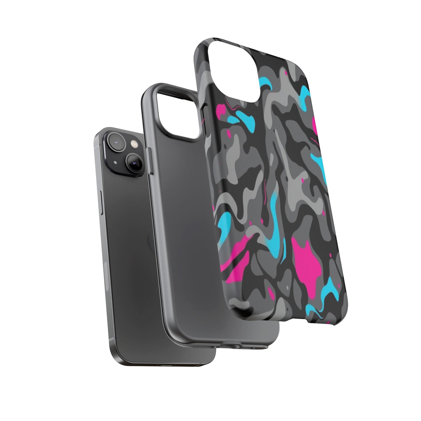 Camouflage Phone Case — Gray Camo with Neon Pink & Cyan Accent Tough Protective Cover