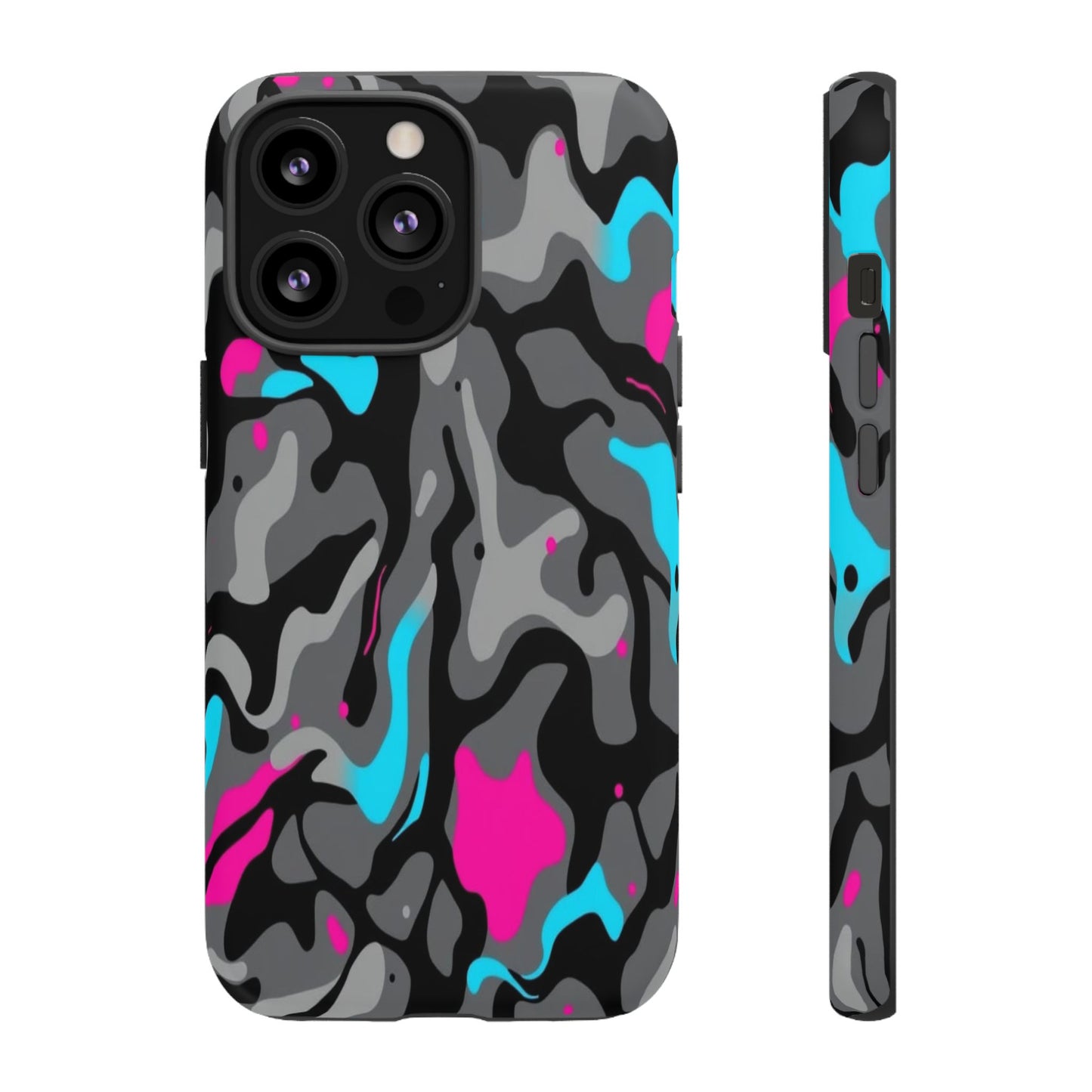 Camouflage Phone Case — Gray Camo with Neon Pink & Cyan Accent Tough Protective Cover