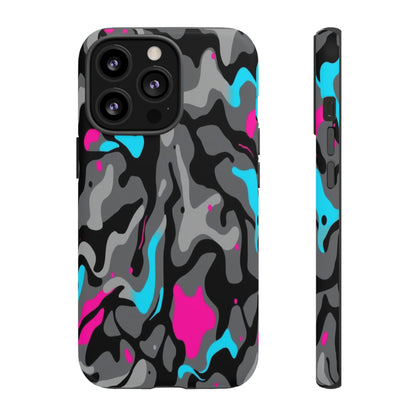 Camouflage Phone Case — Gray Camo with Neon Pink & Cyan Accent Tough Protective Cover
