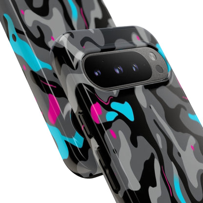 Camouflage Phone Case — Gray Camo with Neon Pink & Cyan Accent Tough Protective Cover