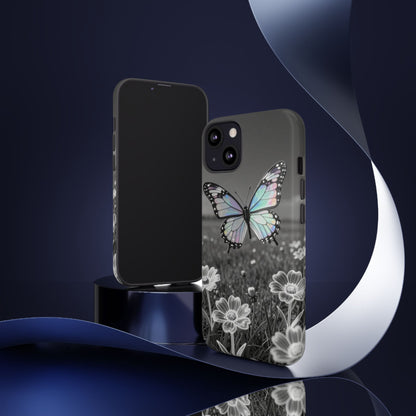 Butterfly Field Tough Phone Case — Pastel Holographic Butterfly on Black & White Floral Background