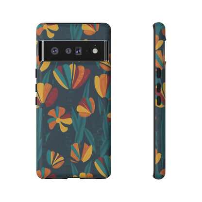Floral Retro Teal Tough Phone Case — Vibrant Orange & Mustard Blooms