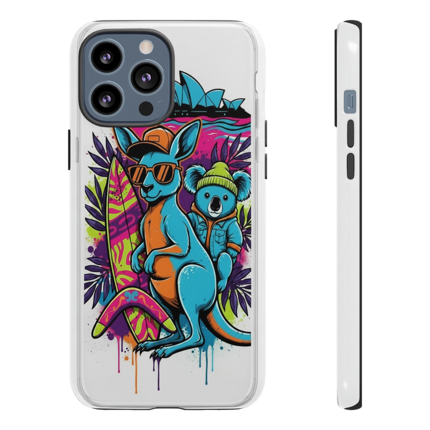 Kangaroo & Koala Surf Phone Case — Retro Neon Beach Art Tough Case