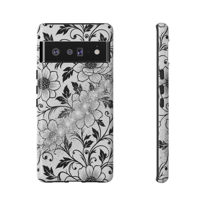 Floral Lace Phone Case — Black & White Vintage Flower Protective Case