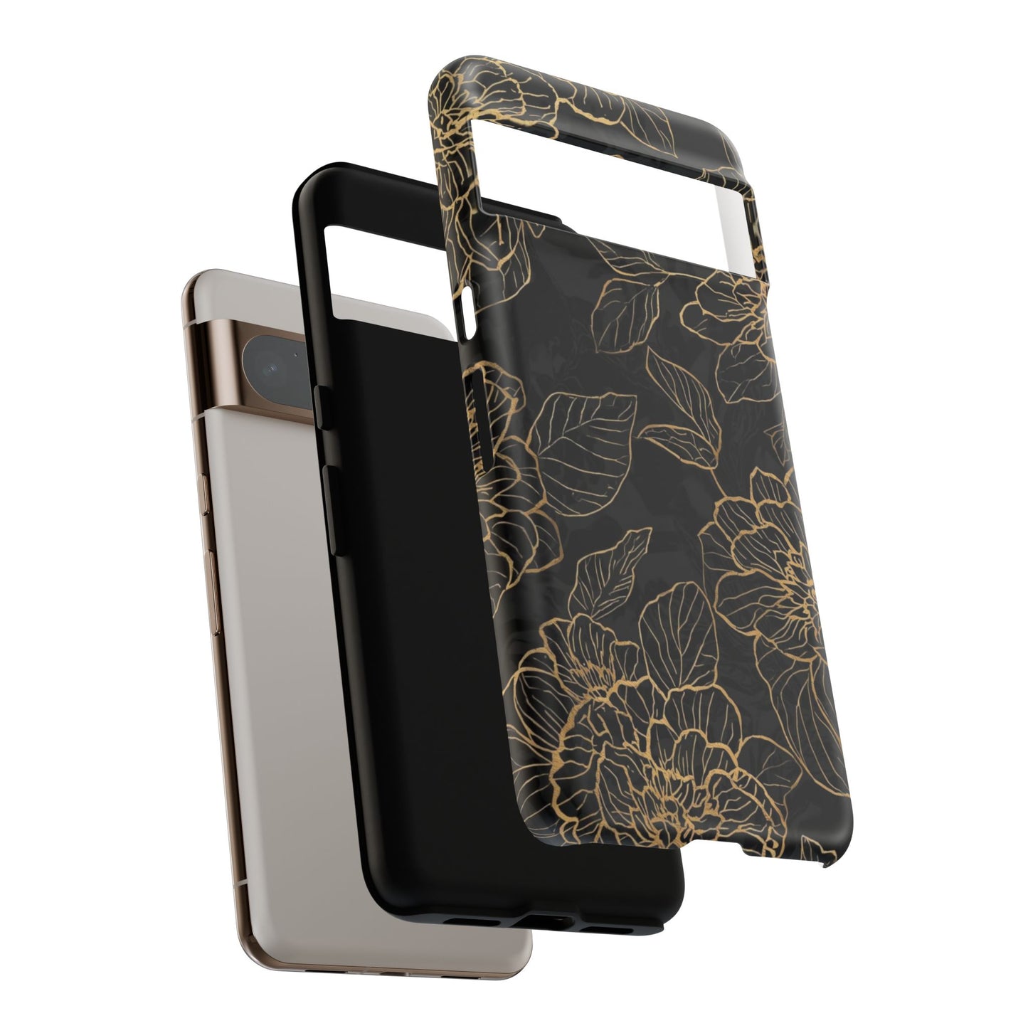 Floral Gold Outline Tough Phone Case – Black Botanical Protective Cover
