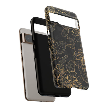 Floral Gold Outline Tough Phone Case – Black Botanical Protective Cover