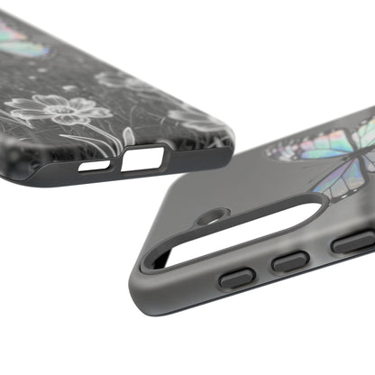 Butterfly Field Tough Phone Case — Pastel Holographic Butterfly on Black & White Floral Background