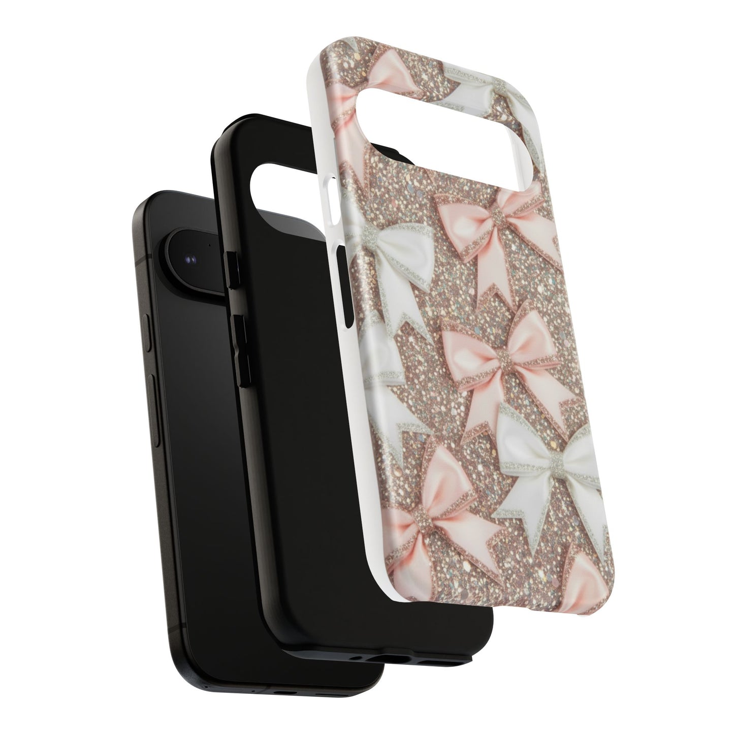 Glitter Bow Tough Phone Case — Pink & White Ribbon Protective Cover