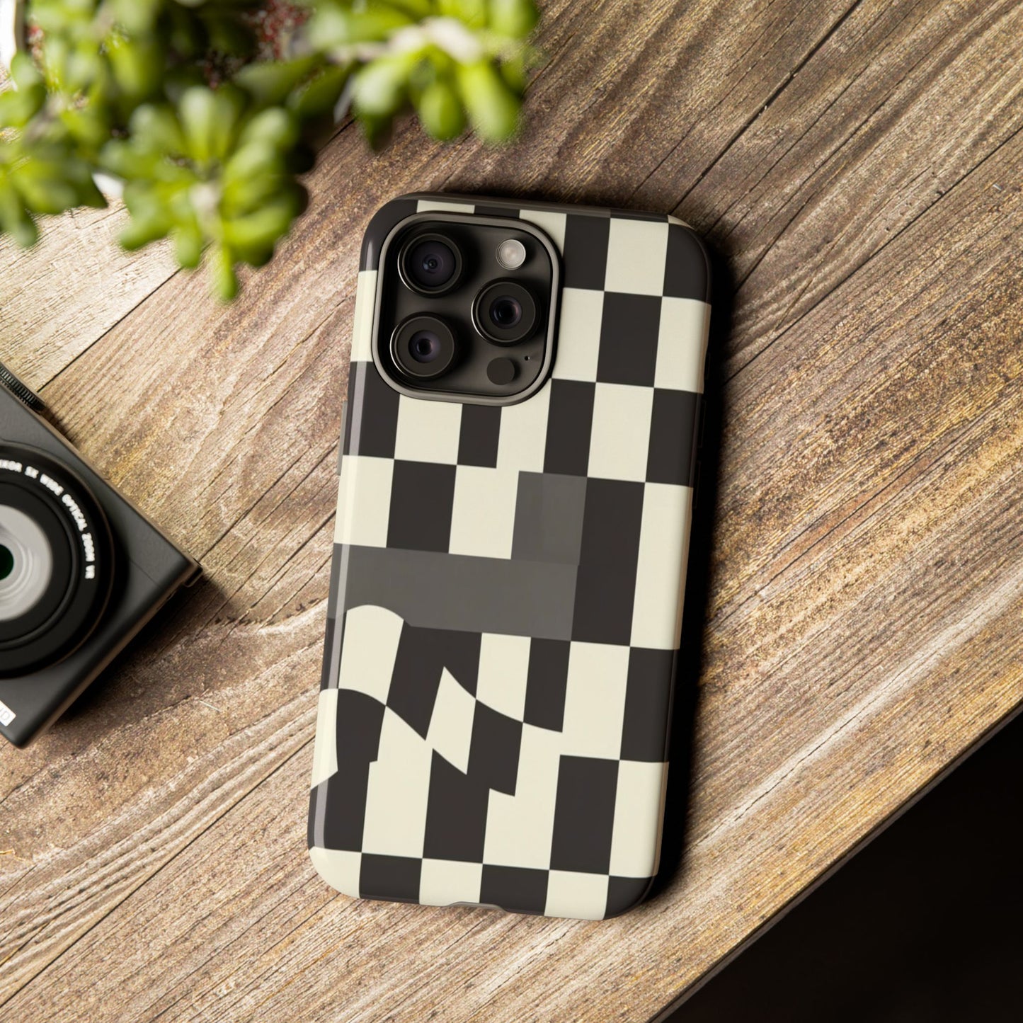 Checkerboard Wave Phone Case — Black & Cream Graphic Tough Case