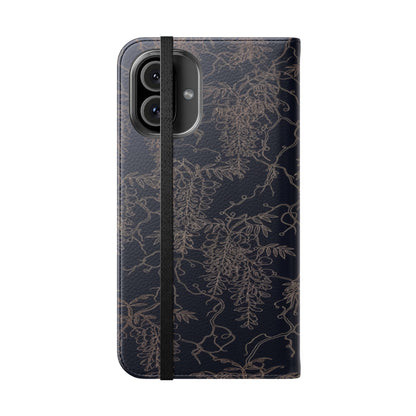 Botanical Noir Flip Phone Case — Dark Floral Wallet Cover with Card Slots
