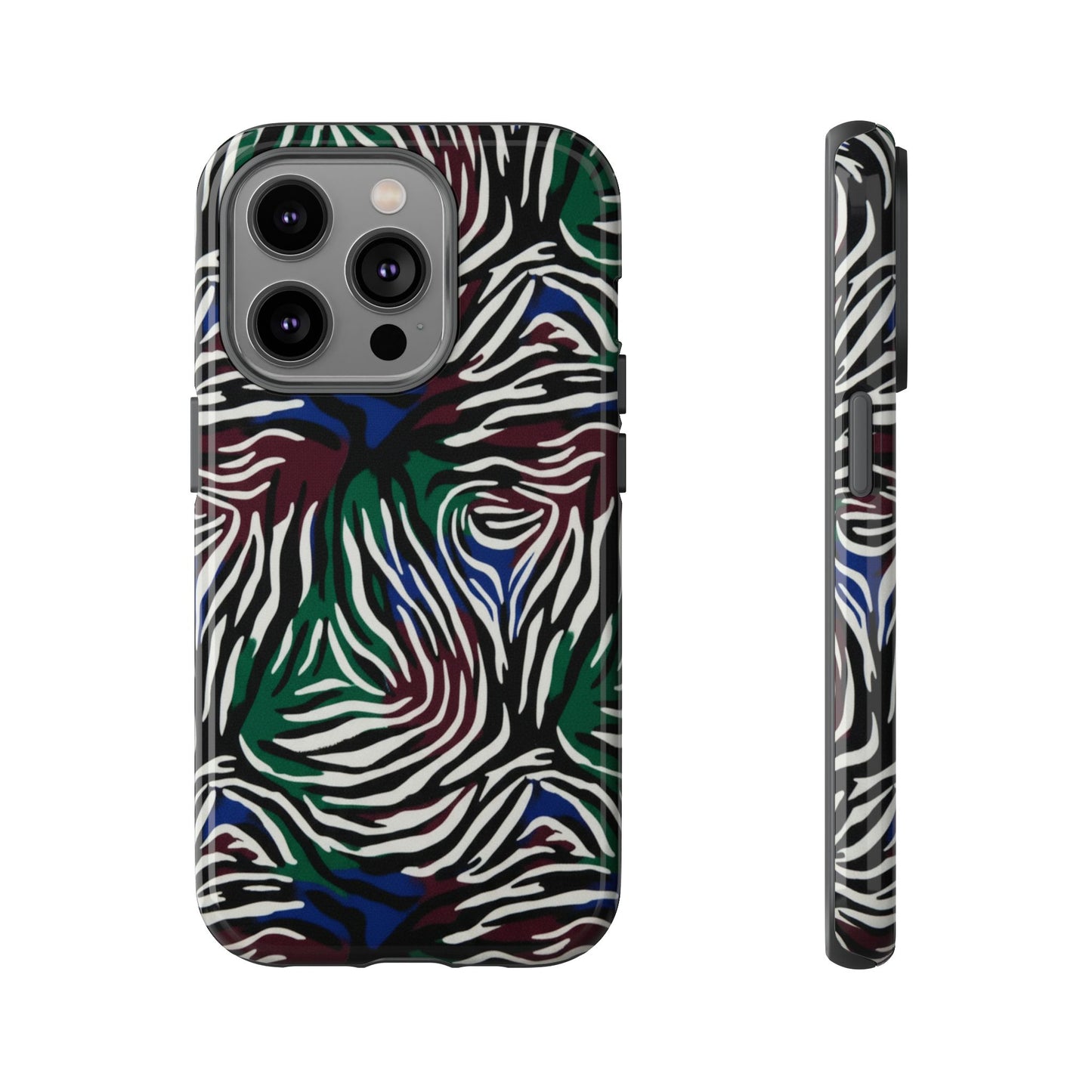 Zebra Camo Tough Phone Case – Green & Blue Animal Print Protective Cover