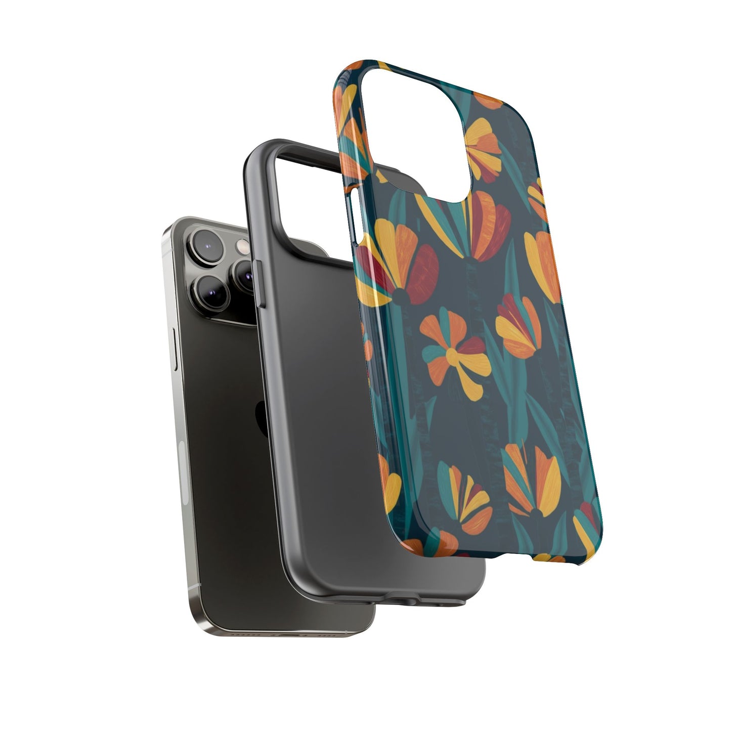Floral Retro Teal Tough Phone Case — Vibrant Orange & Mustard Blooms