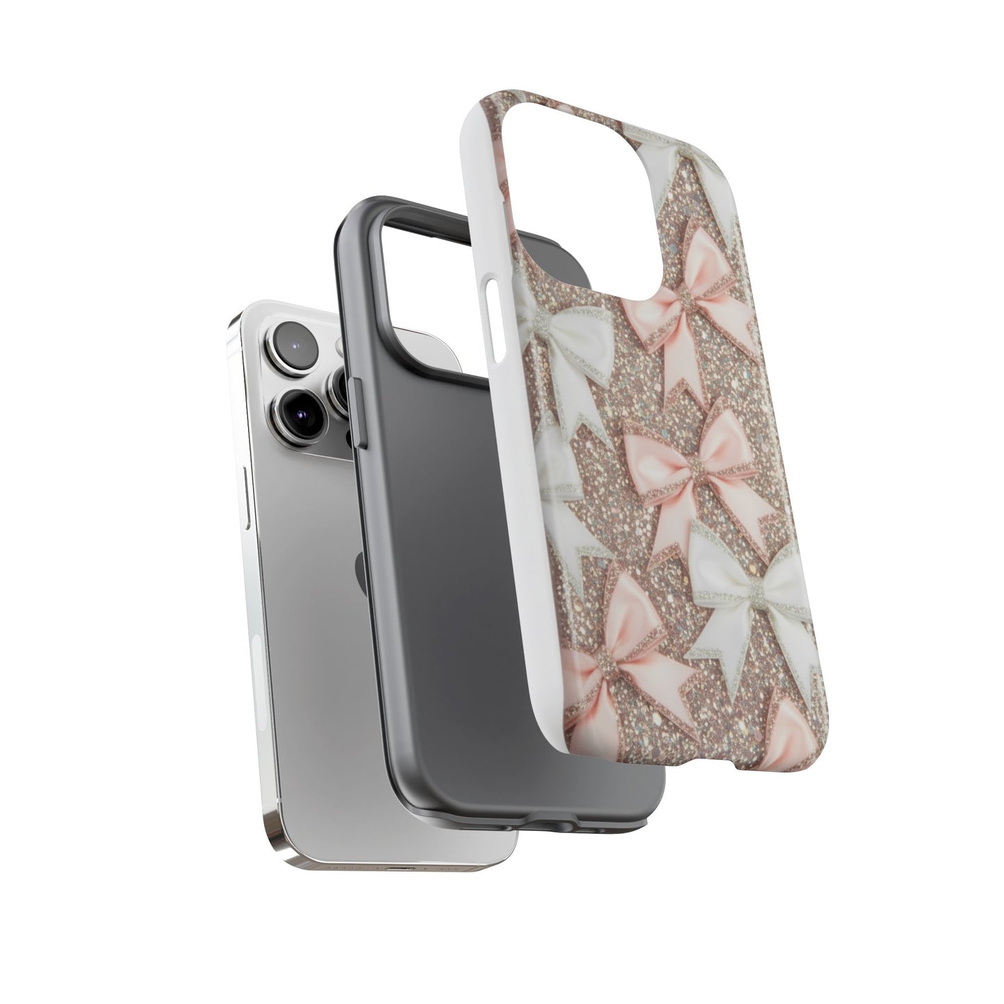 Glitter Bow Tough Phone Case — Pink & White Ribbon Protective Cover