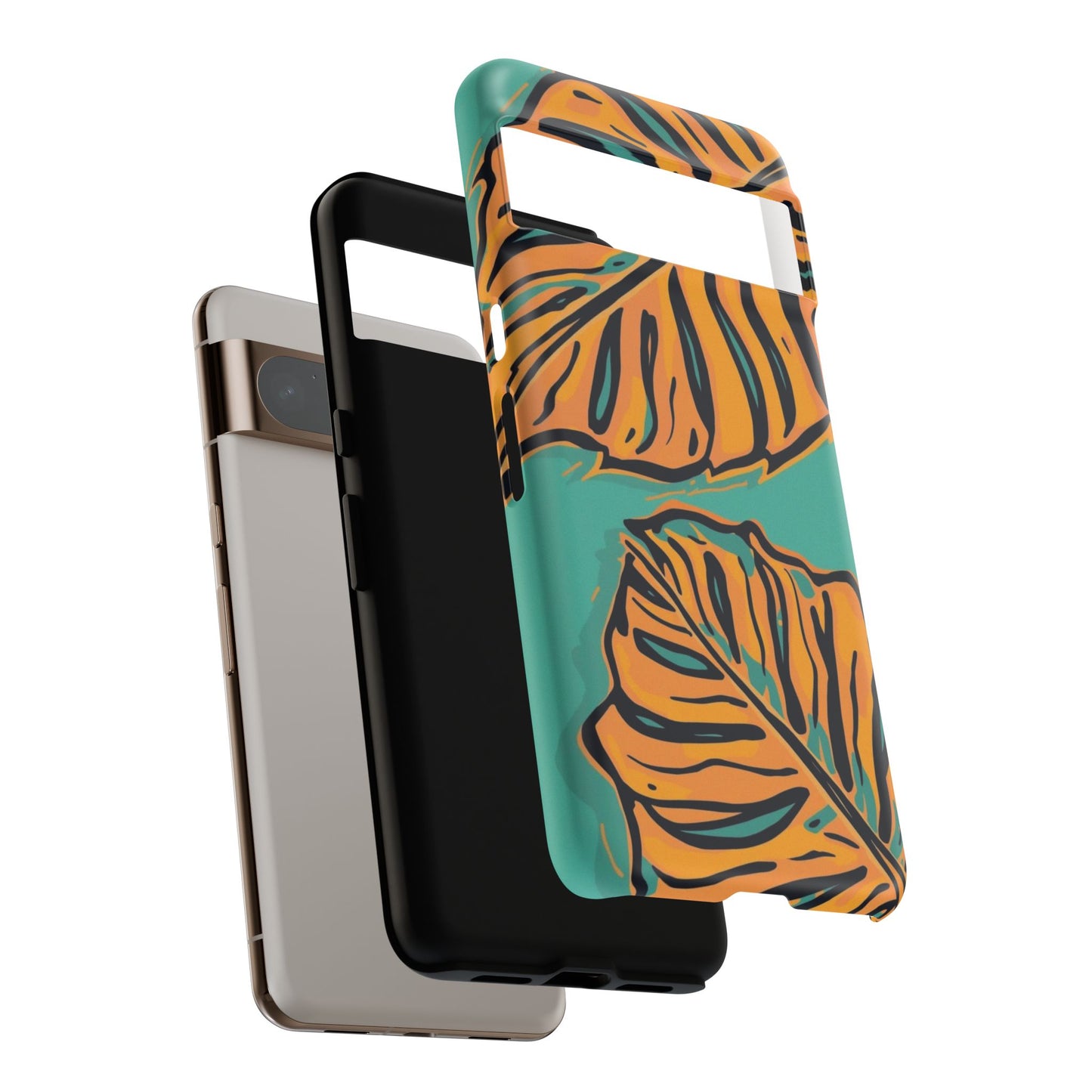 Tropical Leaf Tough Phone Case — Orange Monstera Design on Teal