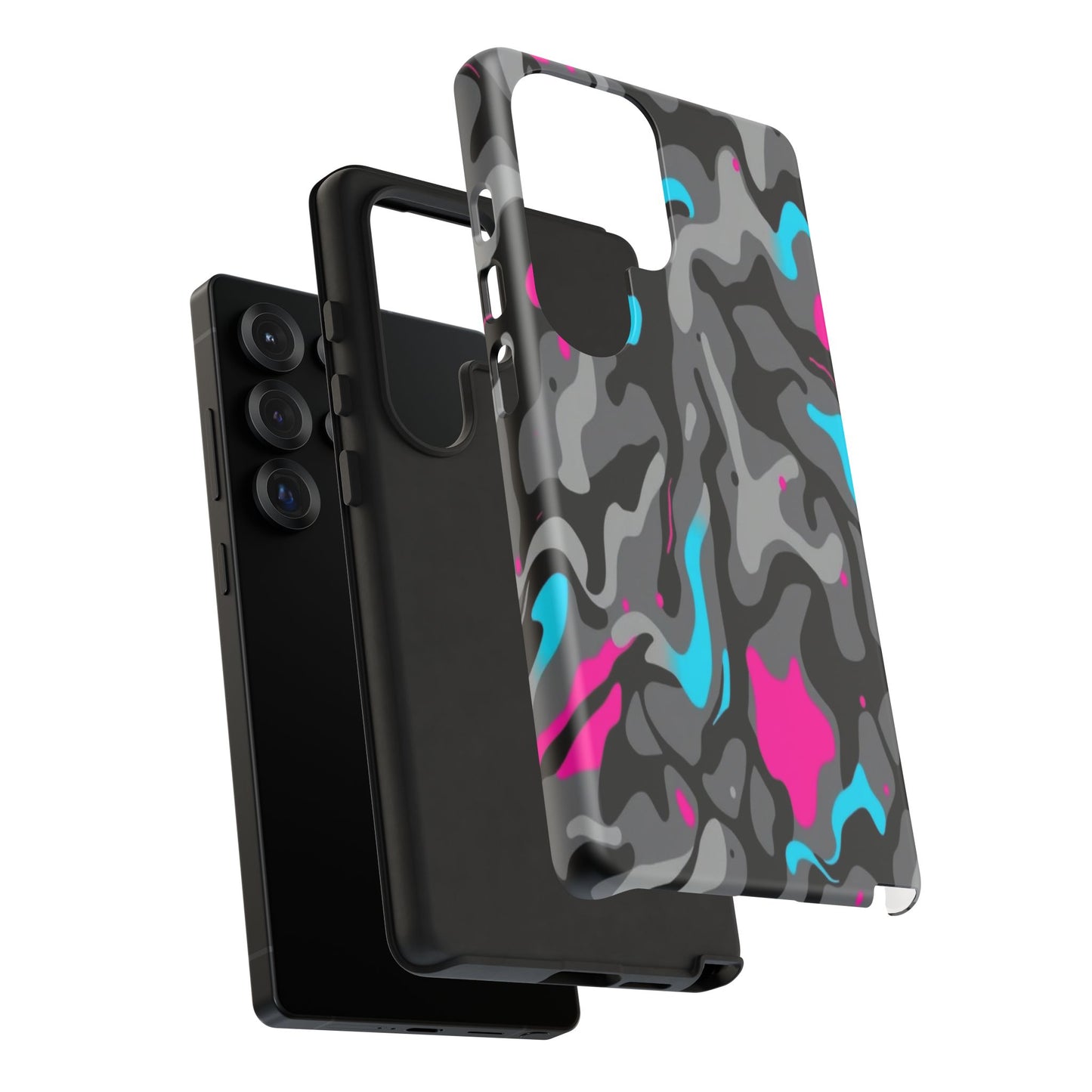 Camouflage Phone Case — Gray Camo with Neon Pink & Cyan Accent Tough Protective Cover