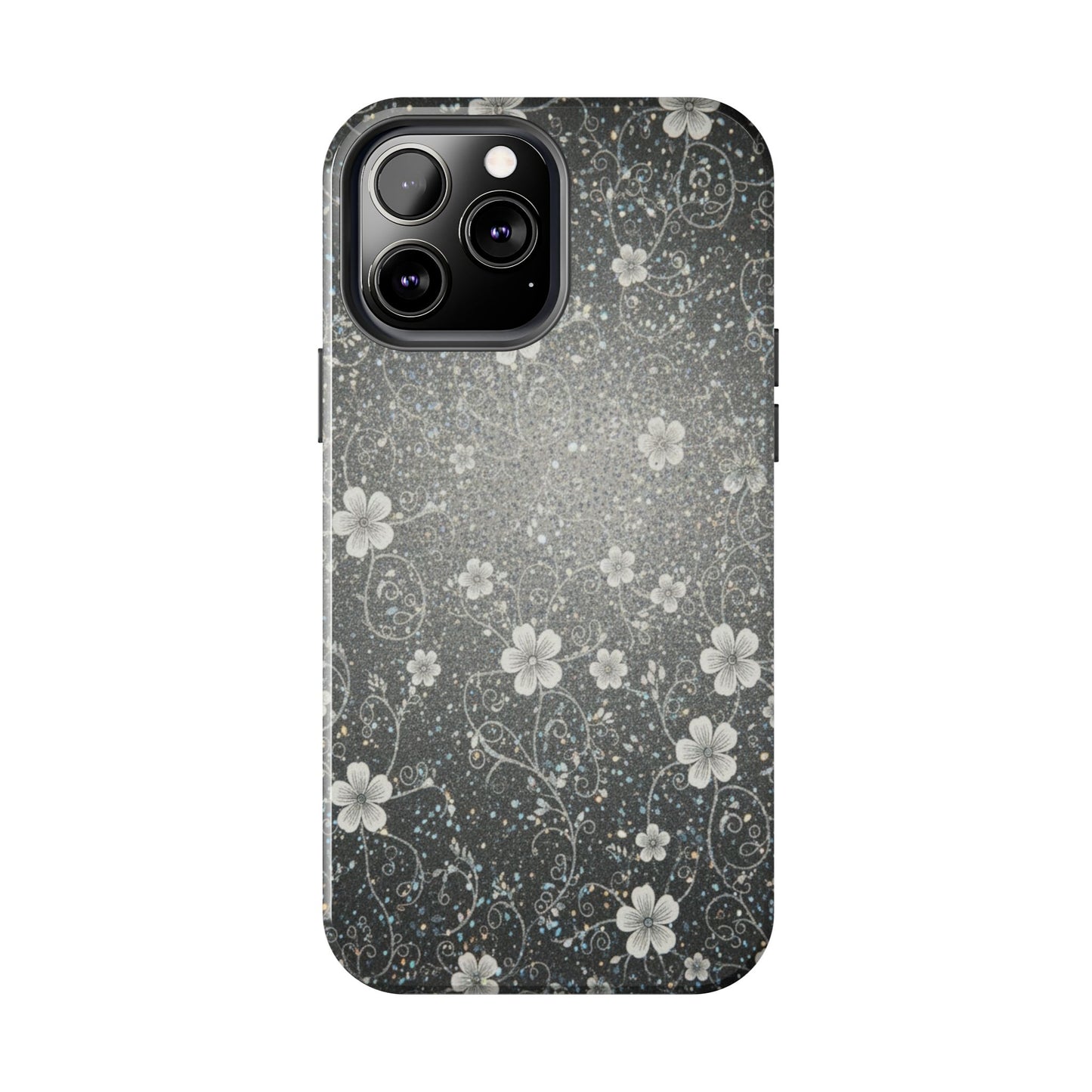 Floral Sparkle Tough Phone Case — Black & Silver Vintage Blossom