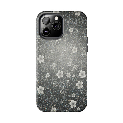 Floral Sparkle Tough Phone Case — Black & Silver Vintage Blossom