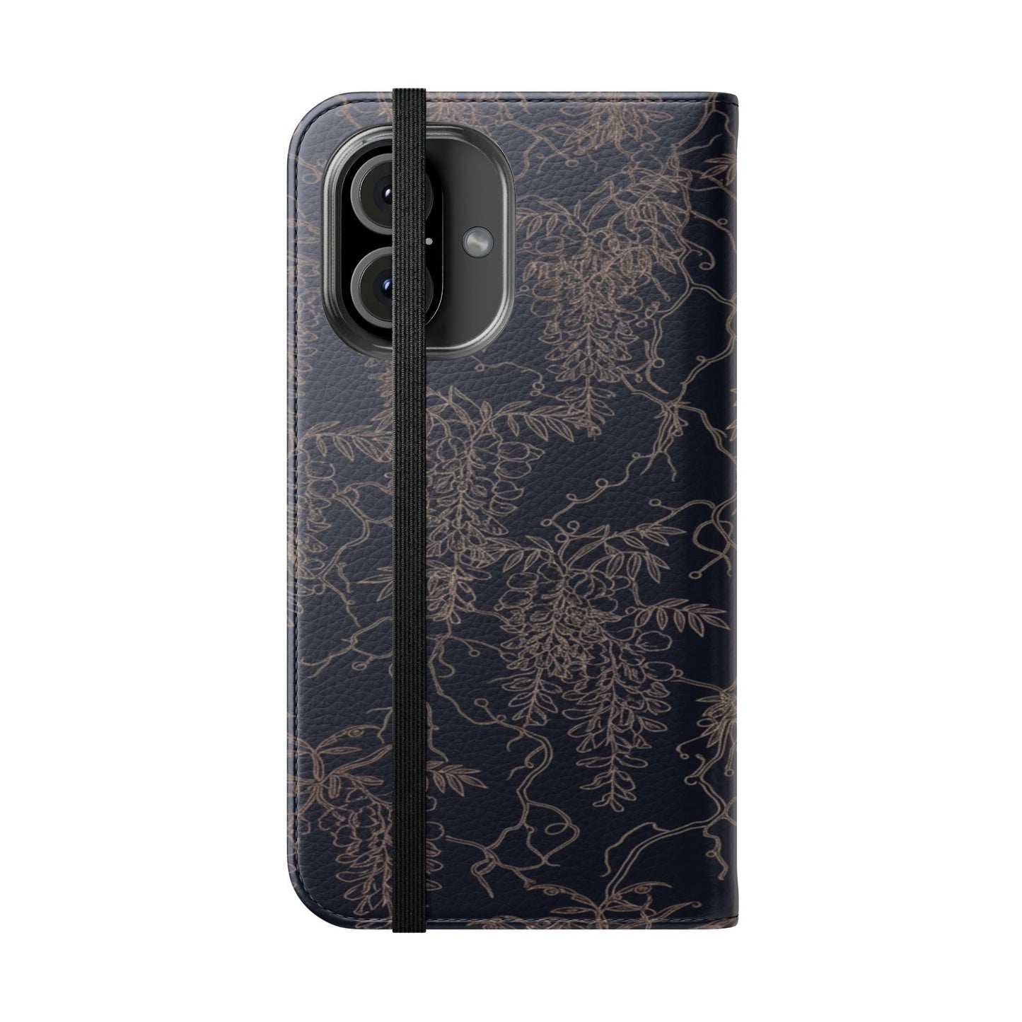 Botanical Noir Flip Phone Case — Dark Floral Wallet Cover with Card Slots