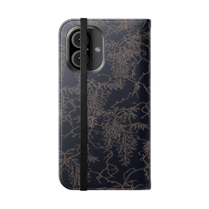 Botanical Noir Flip Phone Case — Dark Floral Wallet Cover with Card Slots