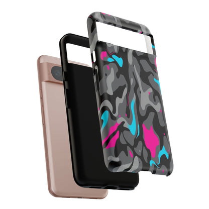 Camouflage Phone Case — Gray Camo with Neon Pink & Cyan Accent Tough Protective Cover