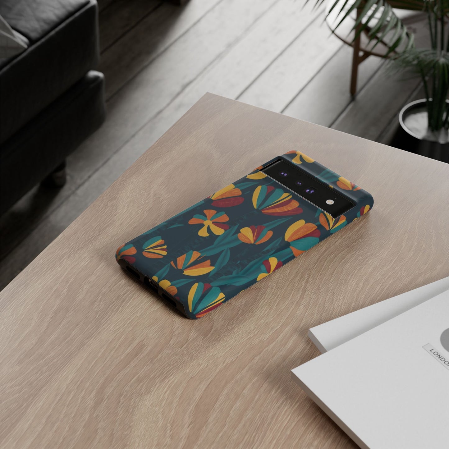 Floral Retro Teal Tough Phone Case — Vibrant Orange & Mustard Blooms