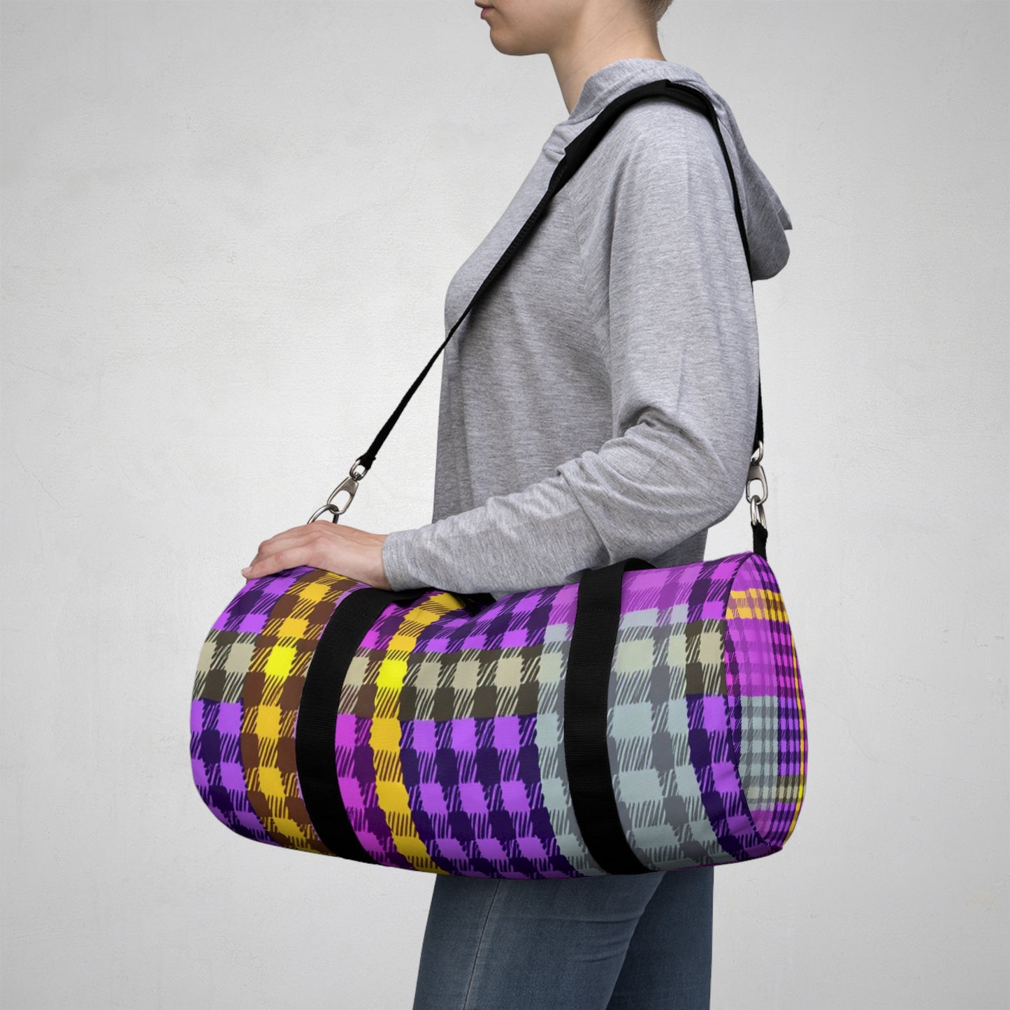 Purple & Gold Plaid Duffel Bag — Retro Travel Gym Bag