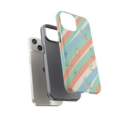 Retro Beach Stripes Phone Case — Sun, Waves & Palm Pattern Tough Case
