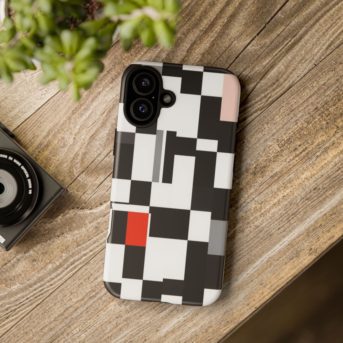 Abstract Geometric Phone Case – Black & White Checker Grid with Red Accent