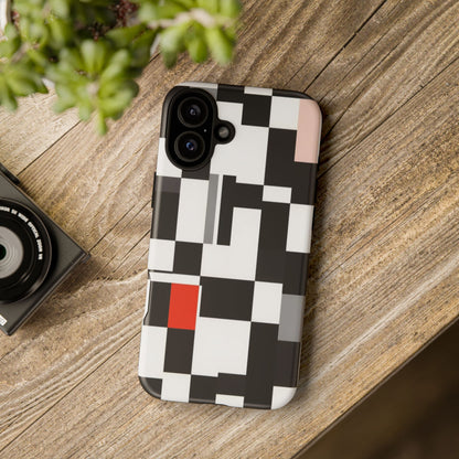 Abstract Geometric Phone Case – Black & White Checker Grid with Red Accent