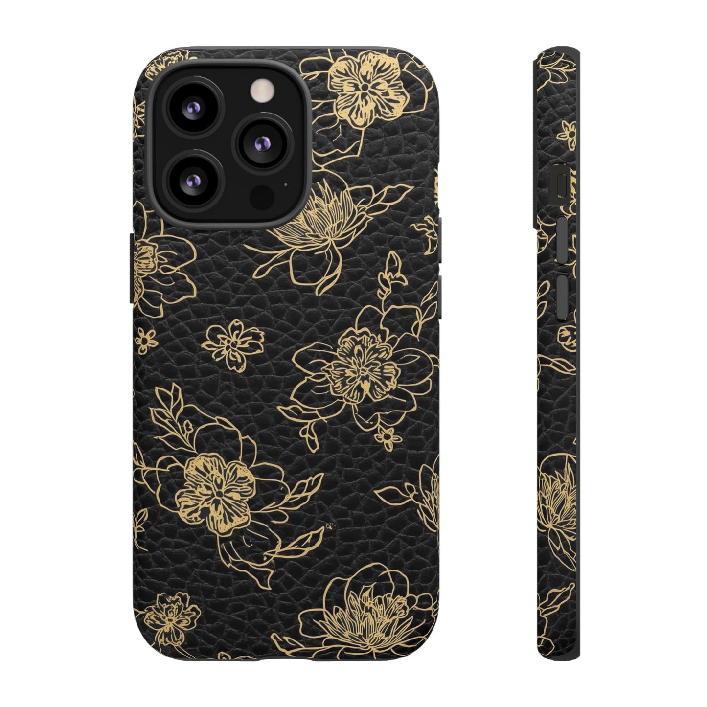 Floral Leather Phone Case — Gold Outline Flowers on Black Tough Case