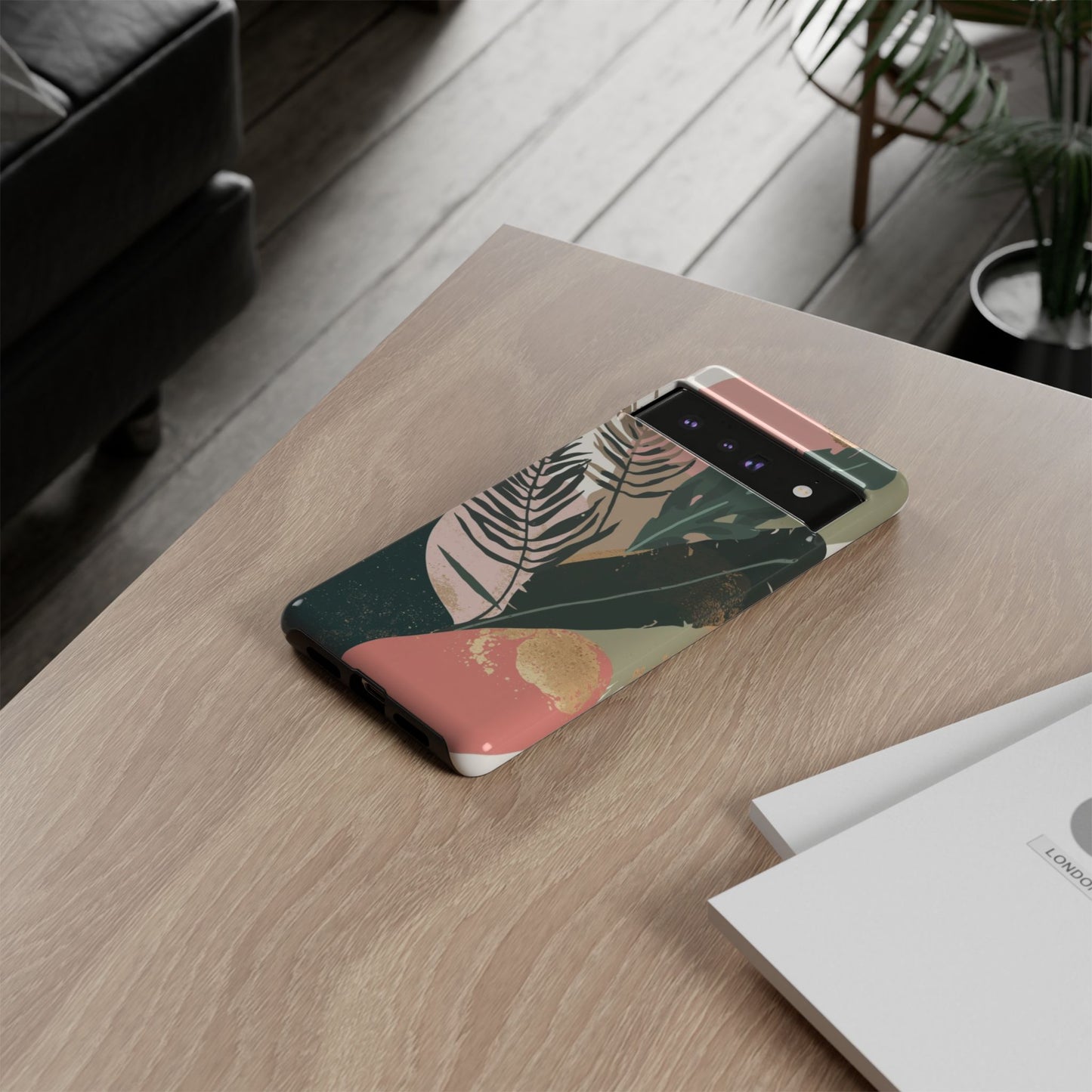 Tropical Leaf Tough Phone Case — Abstract Pink & Green Botanical Protective Cover