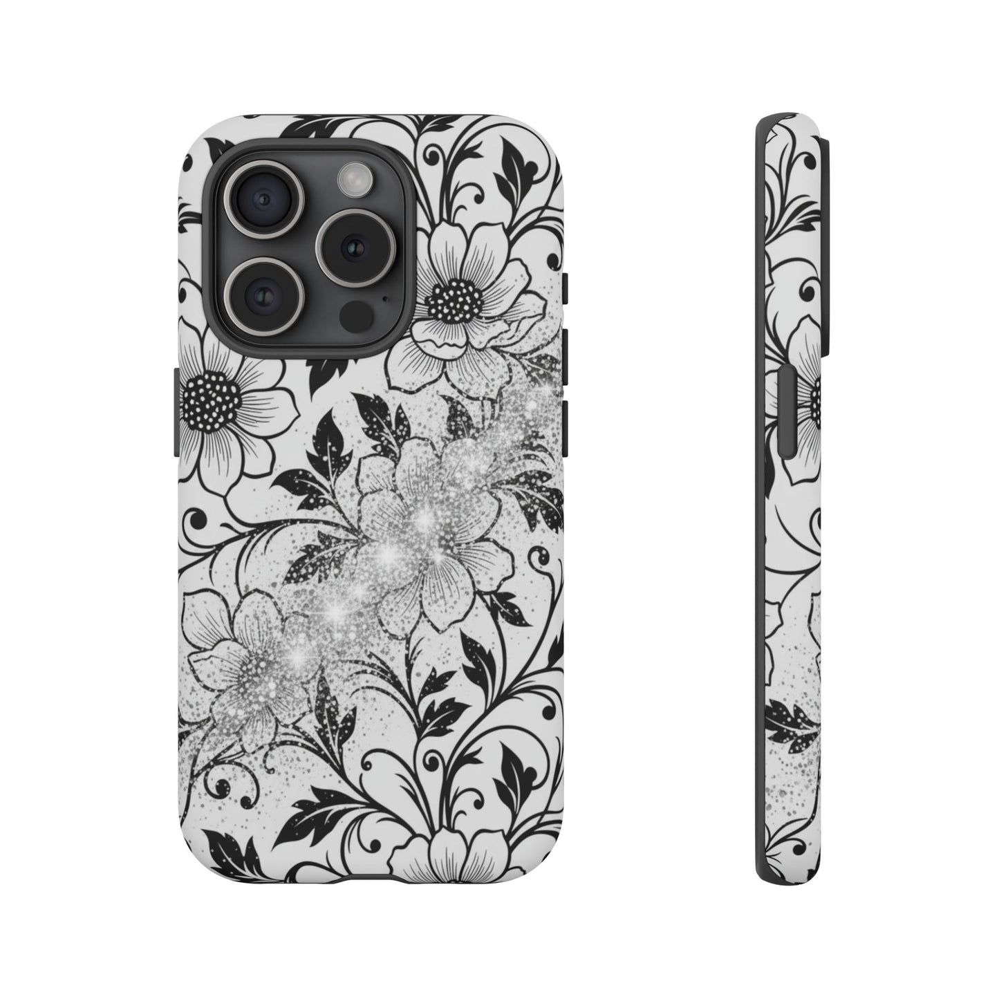 Floral Lace Phone Case — Black & White Vintage Flower Protective Case