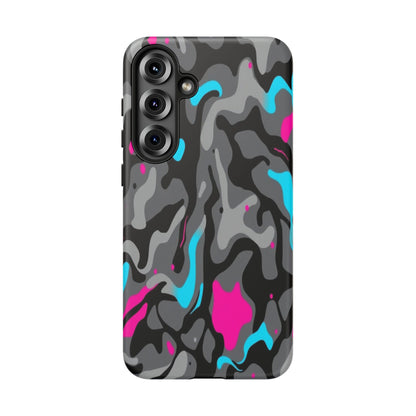 Camouflage Phone Case — Gray Camo with Neon Pink & Cyan Accent Tough Protective Cover