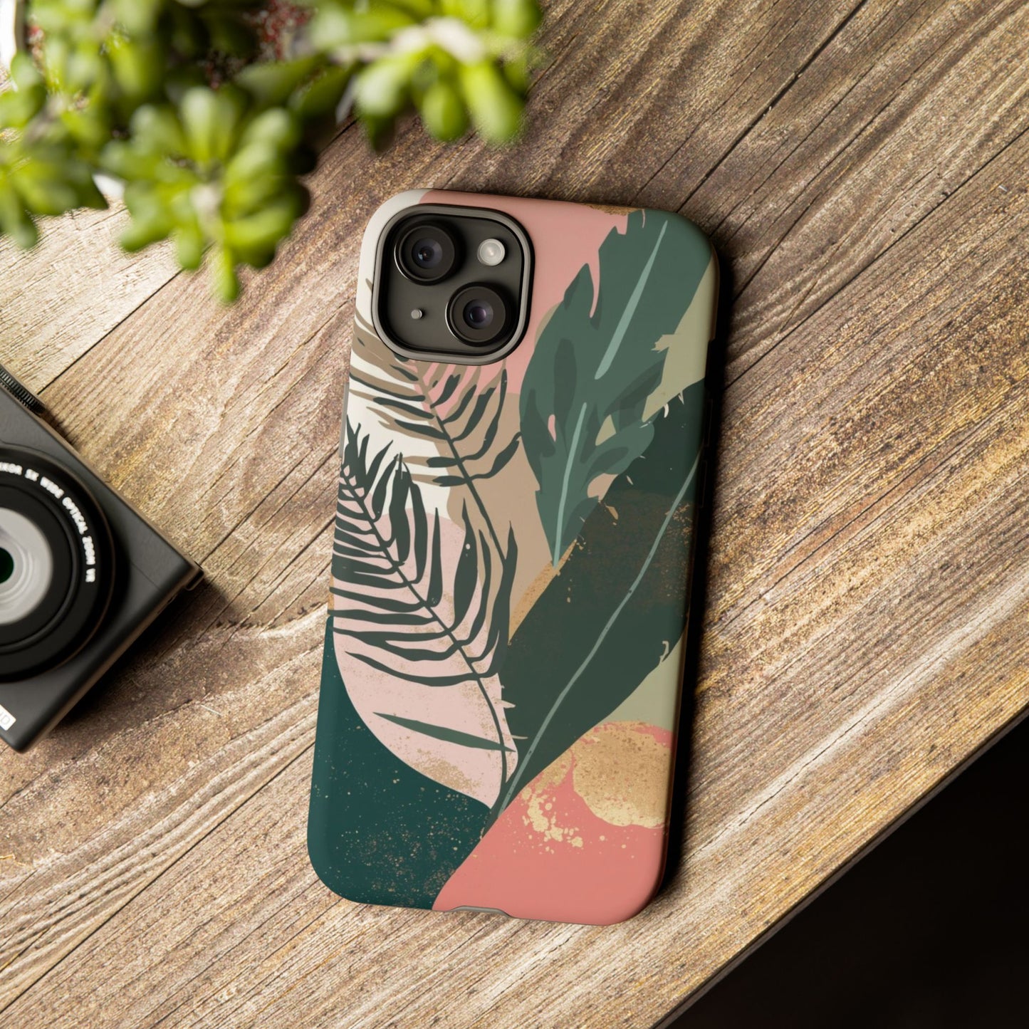 Tropical Leaf Tough Phone Case — Abstract Pink & Green Botanical Protective Cover