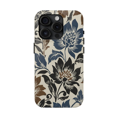 Floral Vintage Tough Phone Case — Blue & Brown Botanical Protection