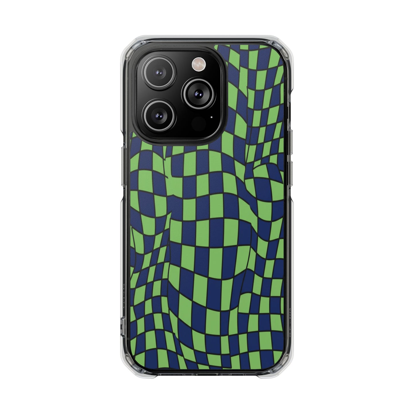 Clear Magnetic Phone Case — Green Distorted Checkerboard Design