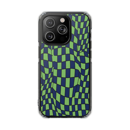 Clear Magnetic Phone Case — Green Distorted Checkerboard Design