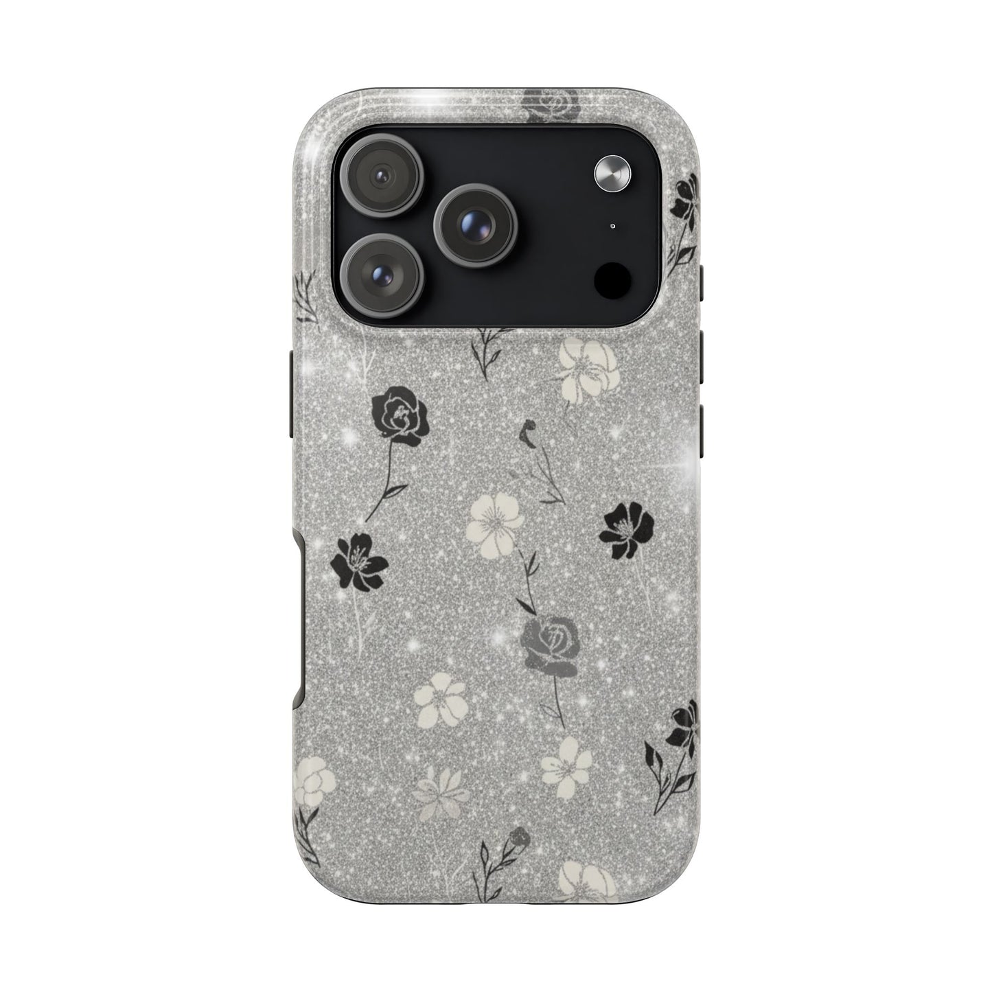 Floral Glitter Tough Phone Case — Black & Silver Vintage Flower Protective Cover