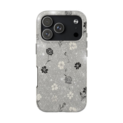 Floral Glitter Tough Phone Case — Black & Silver Vintage Flower Protective Cover