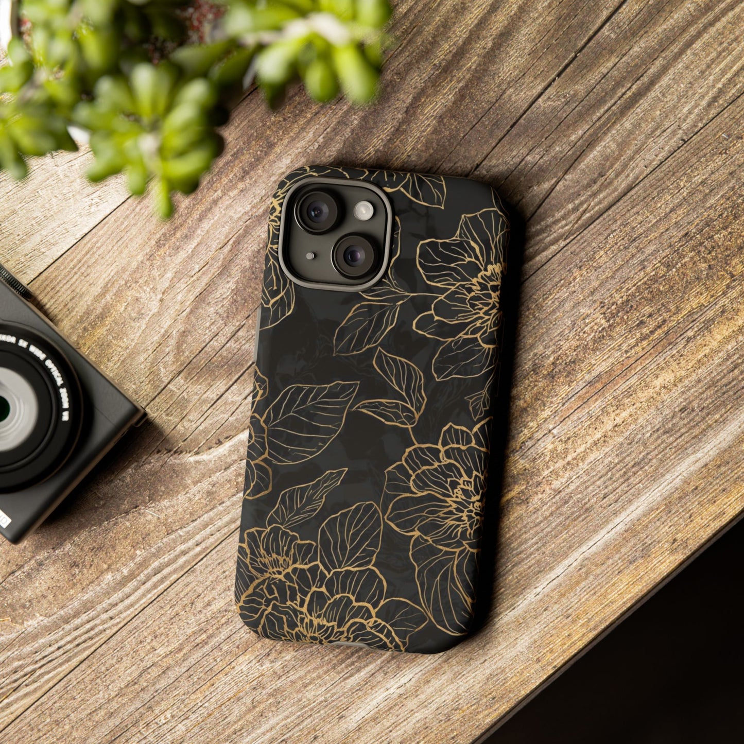 Floral Gold Outline Tough Phone Case – Black Botanical Protective Cover