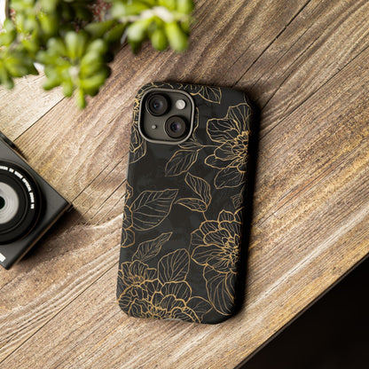Floral Gold Outline Tough Phone Case – Black Botanical Protective Cover